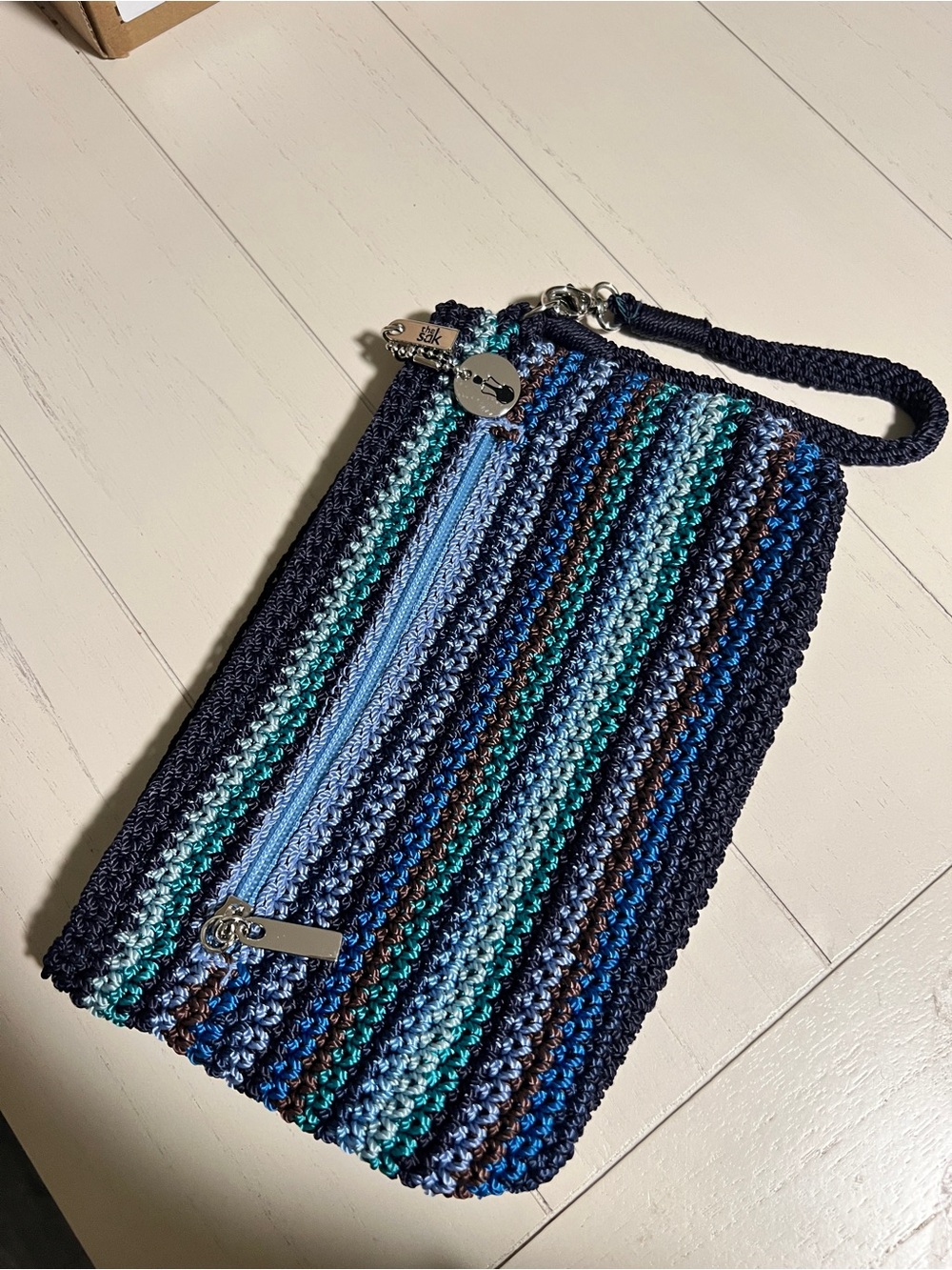 SAK Handcrafted Blue Striped Crochet Cosmetic Pouch